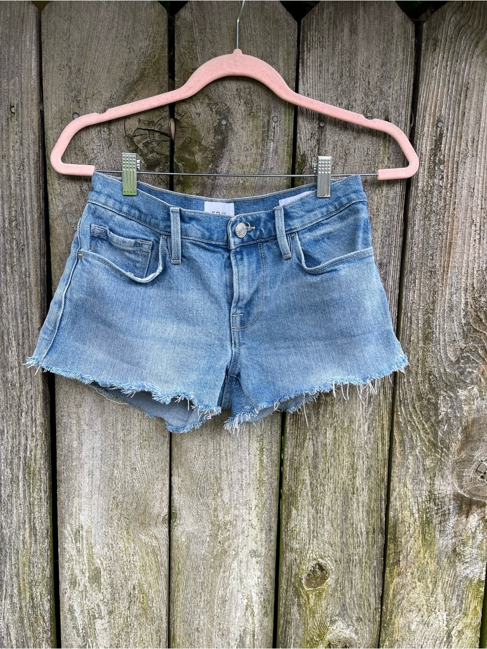 FRAME Le Cut Off Kerwin Denim Shorts Sustainable Mid Rise Stretch Blue Size 24
